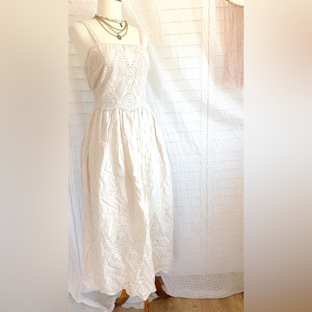 Elie Tahari Cream linen blend Eyelet Maxi Dress